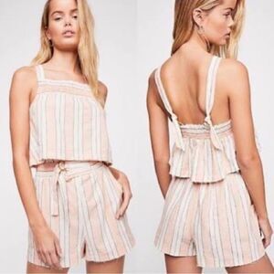 Free People Girl Like Me Striped Orange Linen Co-Ord Matching Set Shorts Size XS